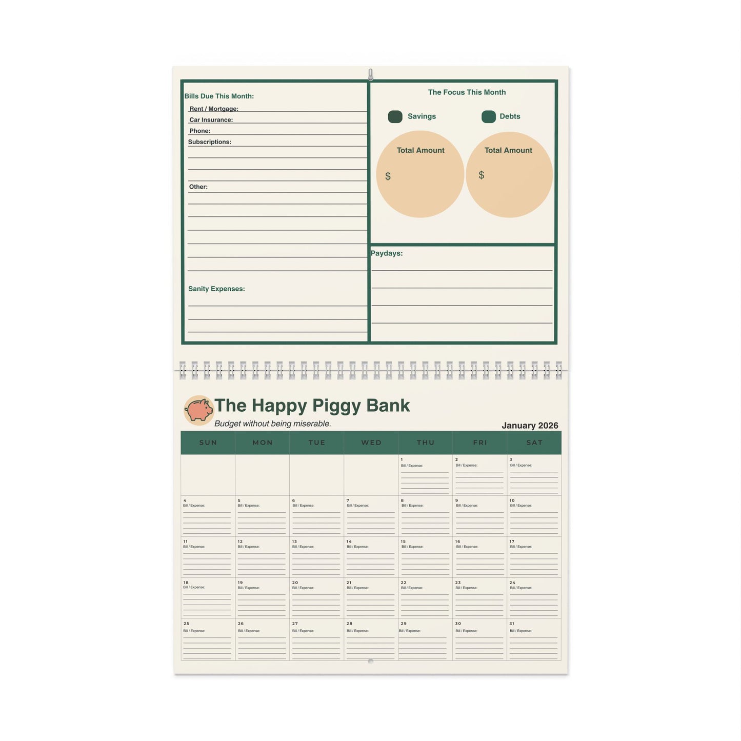 Happy Piggy Bank Budget Calendar