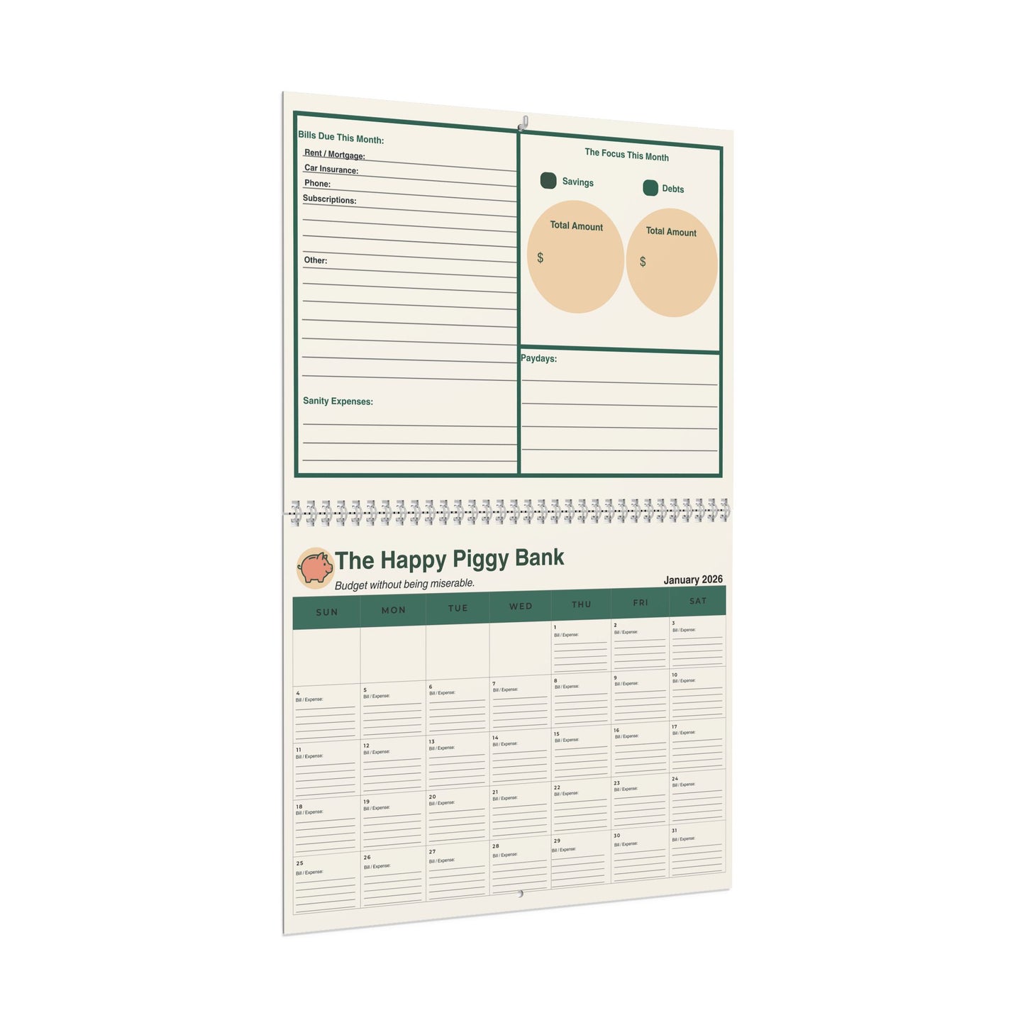 Happy Piggy Bank Budget Calendar